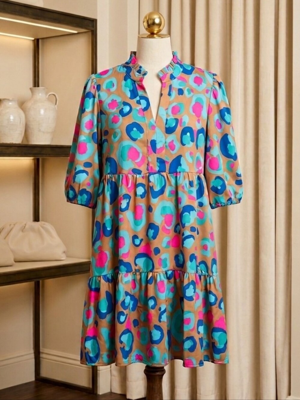 Hidden Brand Multicolor Leopard Print Ruffle Dress – V-Neck Balloon Sleeve Size